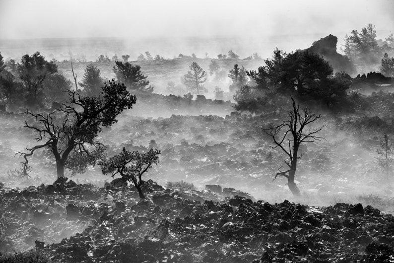 Craters of the Moon No. 2, Idaho. As the sun warms the ground, mist rises off the lava at Craters of the Moon National Monument.