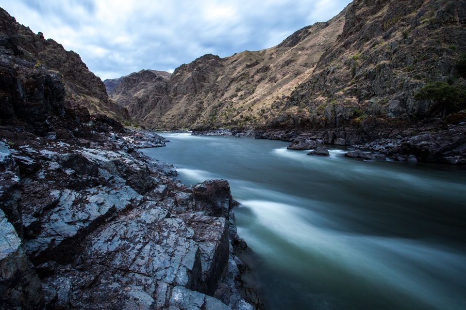 Entry to Blue Canyon, Salmon River. Late evening, looking upriver at the mouth of Blue Canyon on the Salmon River.