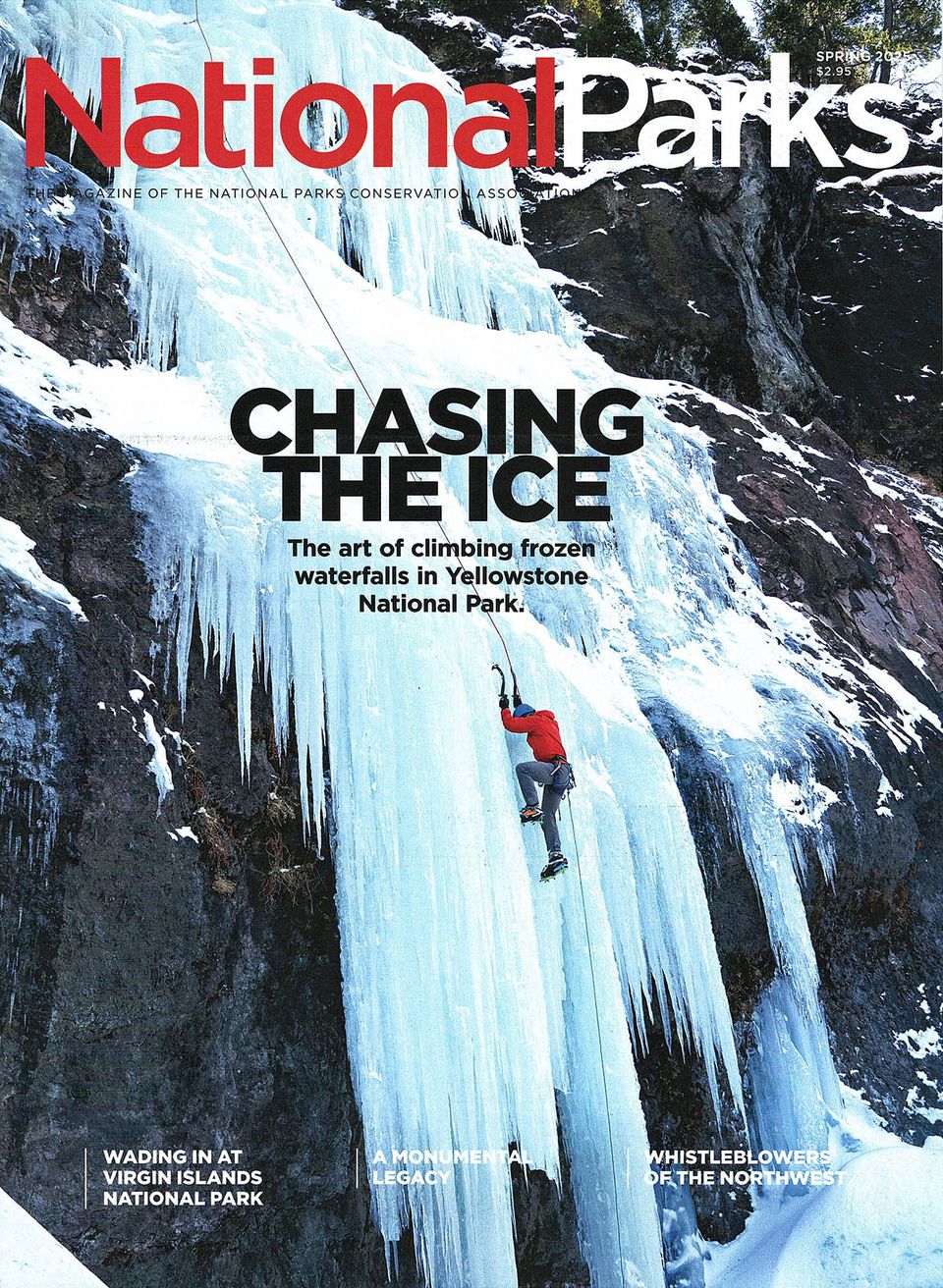 National Parks Magazine: Yellowstone ice climbing, photograph by Craig Wolfrom