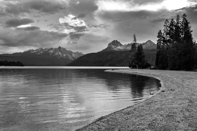 Redfish Lake, Sawtooth Mountains, Idaho. Redfish Lake is about as beautiful a place as any in the Rockies. Black and white.
