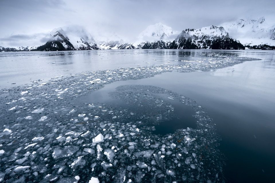 Sea Ice. Sea ice from the Aialik Glacier swirls in frigid waters with the peaks of Alaska's Kenai Fjords National Park in the distance.