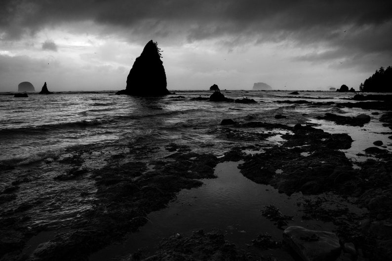 Storm and Sea Stacks No. 2, Olympic National Park. Stormy skies and waves crash against sea stacks on Washington's Olympic coast. Black and white.