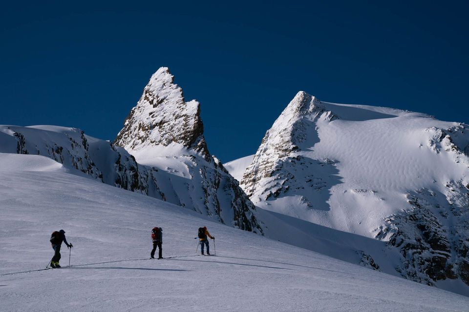 The Sceptre. Nexus Peak hides behind its sceptre as three skiers approach.